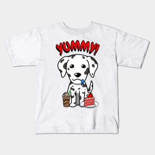 Cute dalmatian dog is having coffee and cake Kids T-Shirt